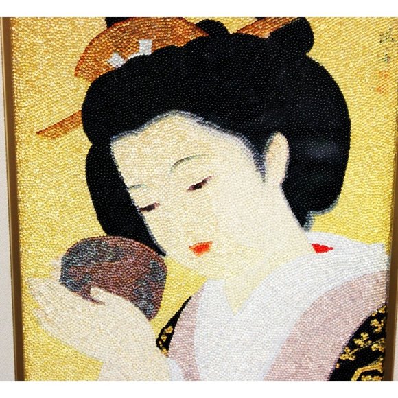 Japanese Geisha Beaded Print Picture Matted Framed Glass Shimmers Japan 19 x 16" - Picture 4 of 10